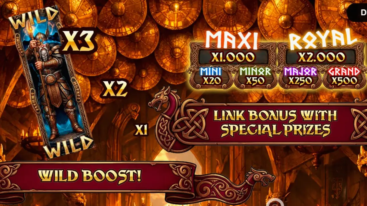 Pemandangan epik slot Valhalla Wilds Boost dengan tema Viking dan rune kuno