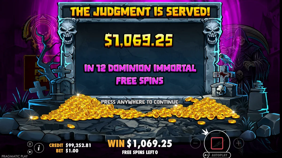 Tampilan visual slot Death Dominion dengan tema horor gotik dan Grim Reaper